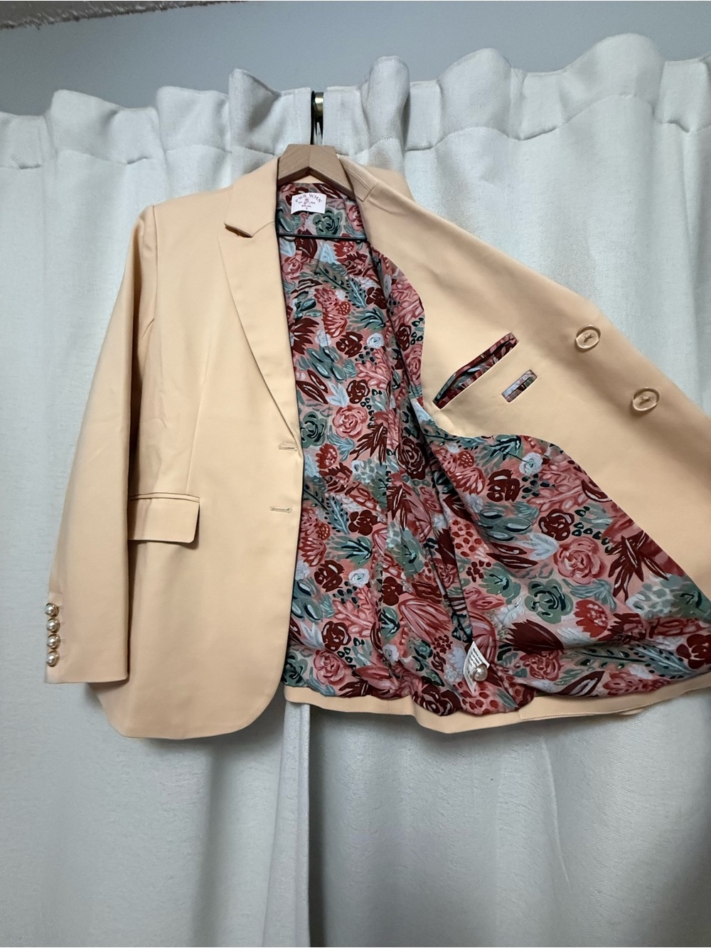 PWR WMN Women's Cream Blazer with Floral-Print Lining & Pearl Buttons